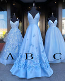 Charming Blue Spaghetti Straps V-Neck Flowers Long Prom Dress Satin Unique Formal Dress P1256