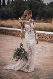 Mermaid Lace Appliques Long Sleeve See though Tulle Wedding Dresses, Beach Wedding Gowns W1198
