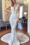 Luxurious Mermaid Lace Ivory V Neck Wedding Dresses, Backless Straps Wedding Dresses W1221
