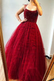 A Line Burgundy Tulle Beaded Spaghetti Straps Scoop Long Prom Dress P1460
