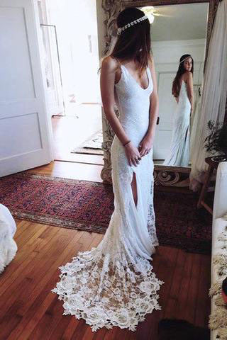 Romantic Boho Backless Lace Mermaid Elegant Ivory Wedding Dresses UK PH379