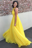 Princess Chiffon A-line Halter Long Yellow Backless Sleeveless Prom Dresses UK PH423