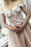 A Line Off the Shoulder Sweetheart Beads Tulle Pink Prom Dresses with Applique P1231