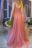 Princess A Line V-Neck Tulle Beads Sequins Prom Dress with Lace up Dance Dress P1502