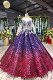 Ball Gown Ombre Sparkly Long Sleeve Sequins Prom Dresses, Quinceanera Dresses P1217