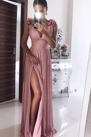 A Line Pink Chiffon V neck Prom Dresses with Split, Long Formal Dress With Handmade Flower P1299