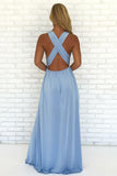 A-Line V-Neck Criss Cross Light Blue Chiffon Long Prom Dress with Split Formal Dress P1338