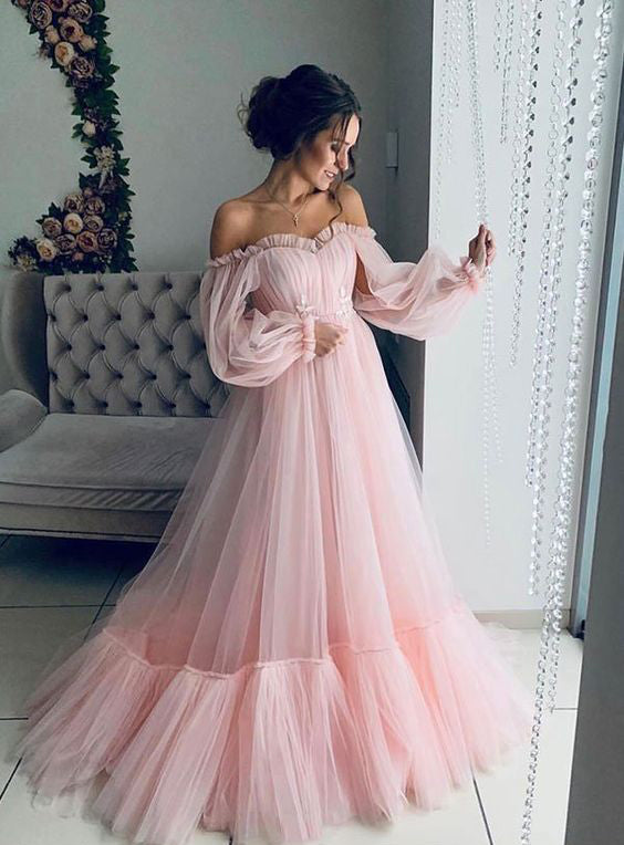 Ball Gown Blue Tulle Prom Dress Long Sleeve Off the Shoulder Quinceanera Dress PW930