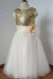 Gold Sequin Cream Tulle Ivory Scoop Flower Girl Dress with Flower, Dress for Wedding Party PH775