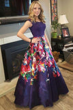 Elegant A Line Floral Satin Purple Prom Dresses with Lace, Long Dance Dresses P1439