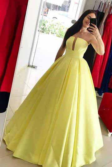 Princess Yellow Prom Dresses, Ball Gown Simple Strapless Long Party Dresses P1049