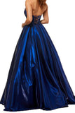 A Line Royal Blue Satin Sweetheart Strapless Prom Dress with Pockets P1425