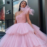 Charming Ball Gown Tulle Pink One Shoulder Long Quinceanera Dress P1362