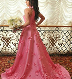 A Line Halter Light Plum Prom Dress With Handmade Flowers Open Back Evening Dress P1301
