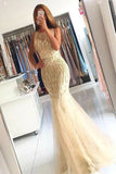Elegant Mermaid Tulle Sleeveless Prom Dresses with Beading, Long Cheap Formal Dresses P1382