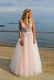 Elegant Deep V Neck Backless Long Pink Prom Dress with Appliques Beading, Party Dress P1347