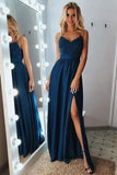 Sexy A Line Spaghetti Straps Appliques Long V-Neck Prom Dress with Slit P1489