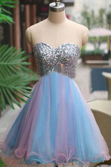 2017 Strapless Cute Sweetheart Tulle Beading Blue Rhinestone Short Homecoming Dresses PM190