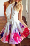Short Halter Sleeveless Keyhole Homecoming Party Dress Printed Flowers PM118