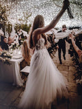 A Line Spaghetti Straps 3D Flower Lace Tulle Bridal Dresses, Wedding Dresses W1248