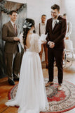 Elegant A Line Long Sleeves Round Neck Backless Boho Wedding Dresses Bridal Gowns W1254