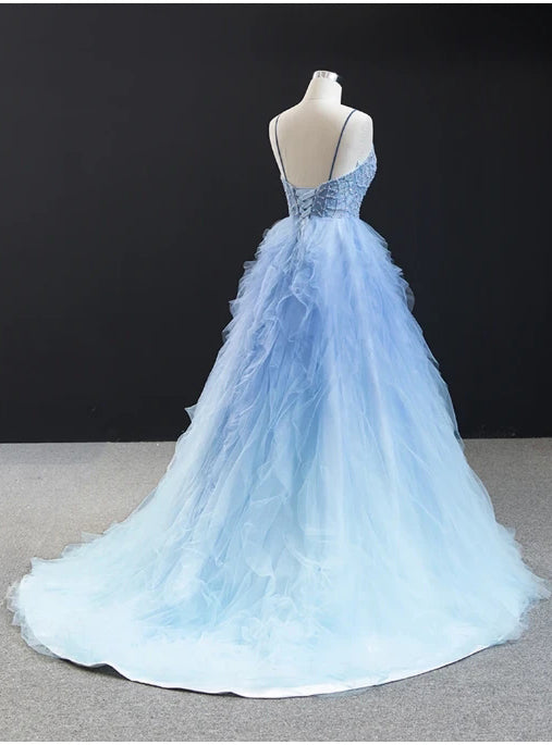 Simple Light Blue Tulle Beaded Open Back Ruffles Prom Evening Dress ...