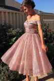 Elegant Off the Shoulder Pink Sequins Sweetheart Short Prom Dresses, Bridesmaid Dresses P1279