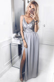 A-Line Spaghetti Straps V Neck Floor-Length Chiffon Grey Prom Dress with Sequins Split PH653