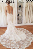 Elegant Spaghetti Straps Mermaid V-Neck Lace Wedding Dresses Beach Bridal Dresses W1109