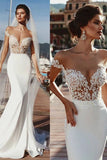 Stunning Mermaid Cap Sleeve Sheer Neck Long Wedding Dresses Beach Wedding Gowns W1105
