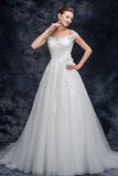 Off the Shoulder Tulle Wedding Dress with Lace Applique A Line Long Bridal Dress W1138