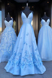 Charming Blue Spaghetti Straps V Neck Flowers Long Prom Dresses Satin Unique Formal Dresses P1256