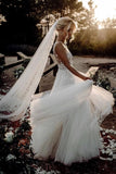 Elegant A Line V Neck Tulle Wedding Dresses with Flowers, V Back Beach Wedding Gowns W1226