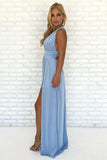 A-Line V-Neck Criss Cross Light Blue Chiffon Long Prom Dress with Split Formal Dress P1338