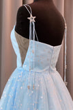 Charming A Line Spaghetti Straps Blue Tulle Prom Dress with Stars Dance Dress P1397
