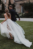 Modest A Line V Neck Wedding Dress with Appliques Beach Wedding Gowns W1239