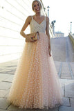 Sparkly A-line Pink Straps Beads Sweetheart Long Backless Appliques Prom Dresses PH636