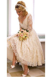 Vantage A Line V-Neck Long Sleeve Tea Length White Lace Princess Wedding Dresses PH668