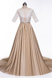 A-Line High Neck Beads Short Sleeve Lace Satin Evening Dress,Prom Dresses UK PH513