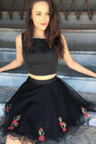 A Line Two Piece Square Short Black Knee Length Tulle Homecoming Dress with Appliques PH716
