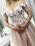A Line Off the Shoulder Sweetheart Beads Tulle Pink Prom Dress with Applique P1231