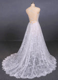 Spaghetti Straps V-Neck Lace Off White Wedding Dress with Criss Cross Bridal Dress W1127