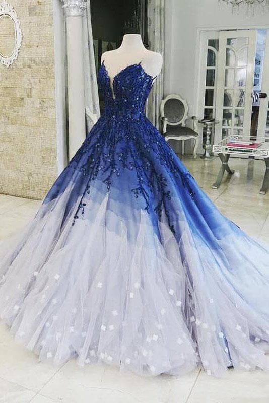 Ombre Ball Gown Royal Blue Prom Dresses With Appliques, Long V Neck Quinceanera Dresses P1138