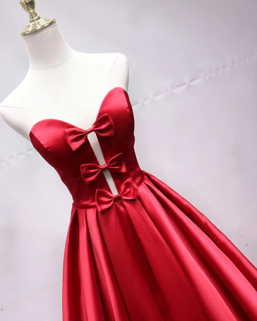 Sweetheart Red Satin Lace Up Long Prom Dress with Bowknot P1243