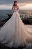 A Line Long Sleeves Round Neck Tulle Wedding Dress with Appliques W1203