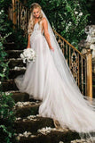 Elegant A Line Illusion Beads V Neck Tulle Long Backless Wedding Dresses, Prom Dresses W1217