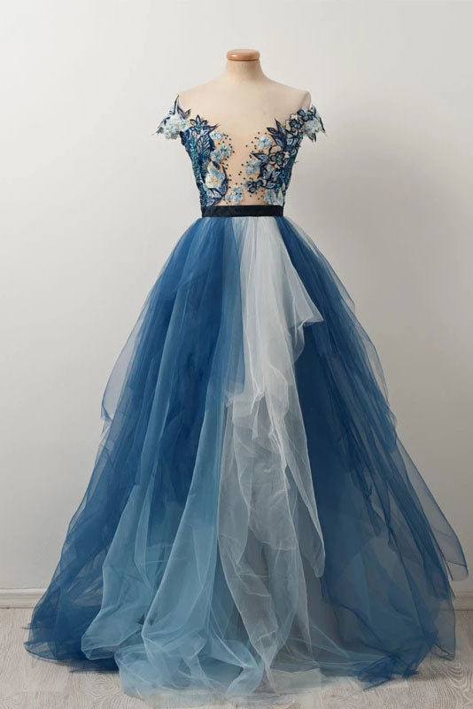 Blue Off the Shoulder Tulle V neck Cap Sleeve Prom Dress with Applique ...