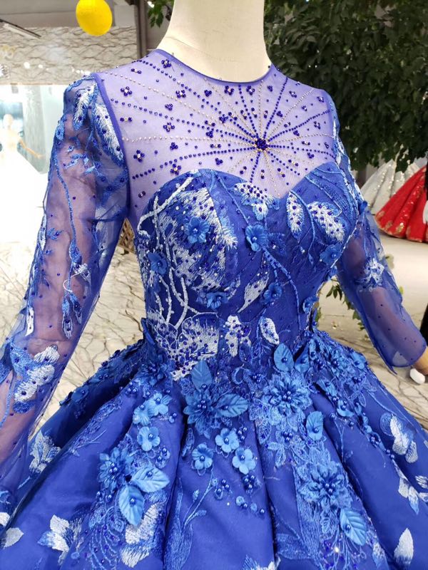 Ball Gown Blue Round Neck Prom Dresses with Beads Lace up Quinceanera Dresses PW784