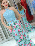 Elegant Mermaid Halter Two Pieces Blue Floral Lace Prom Dress P1289