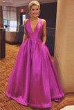 Gorgeous A Line Hot Pink Long with Ribbon Back V Neck Satin Deep V Neck Prom Dress PH607